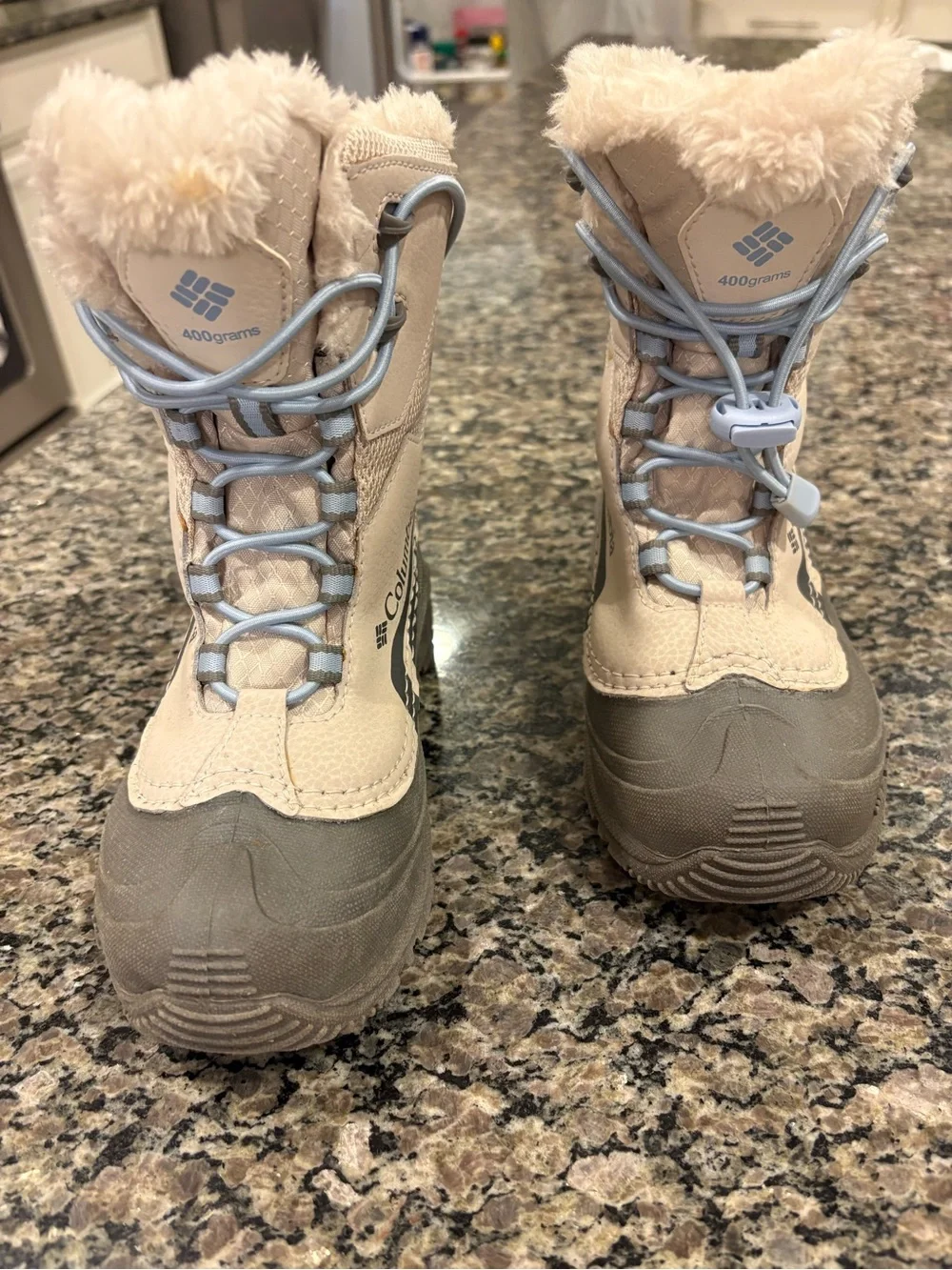 COLUMBIA YOUTH BUGABOOT PLUS V OMNI-HEAT CREAM BLUE SNOW BOOTS